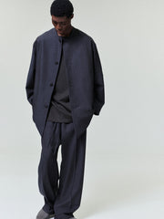Grey Striped Wool Wide Leg Drawstring Pants